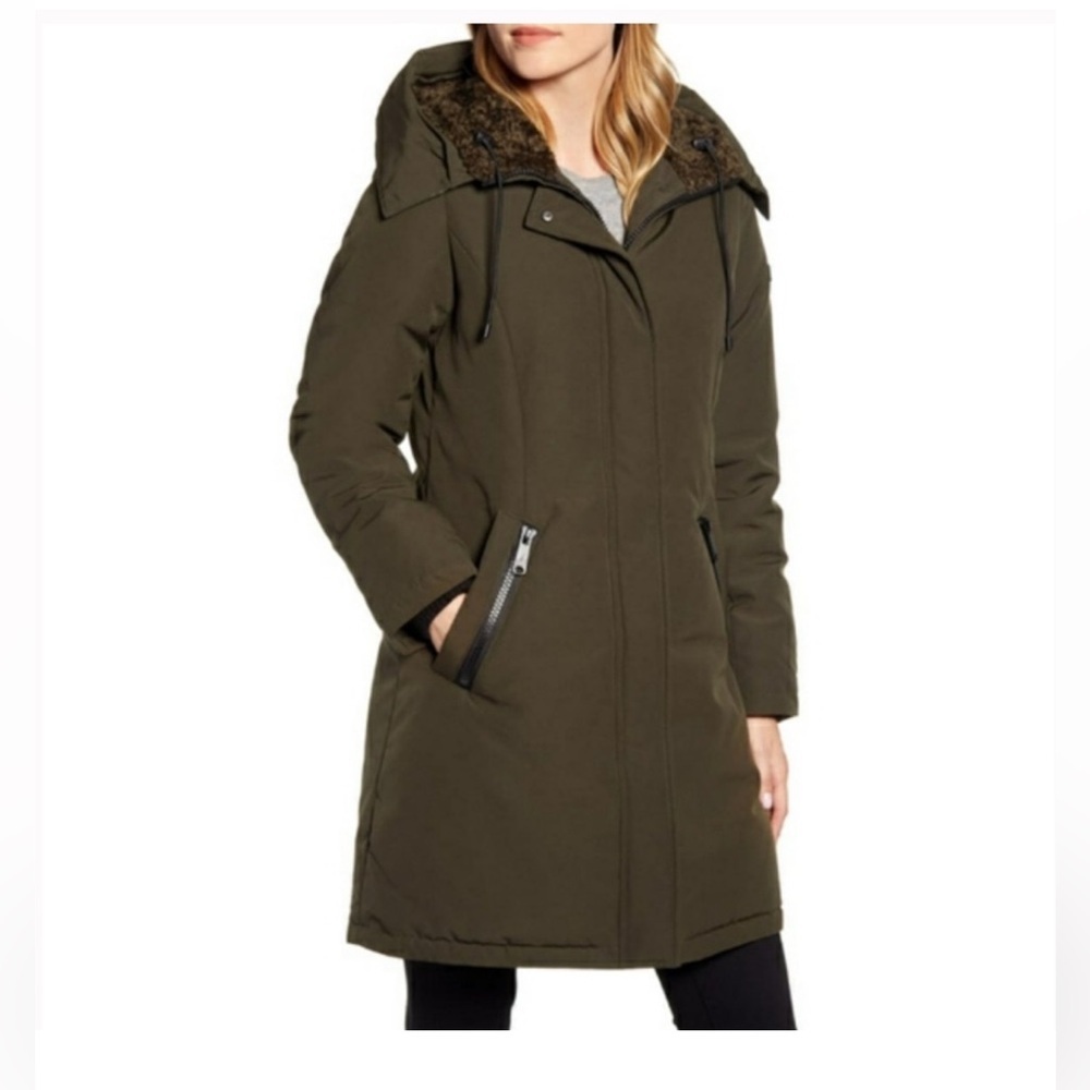Sam Edelman Loven Faux Fur Trim Hooded Down Jacket Olive Green